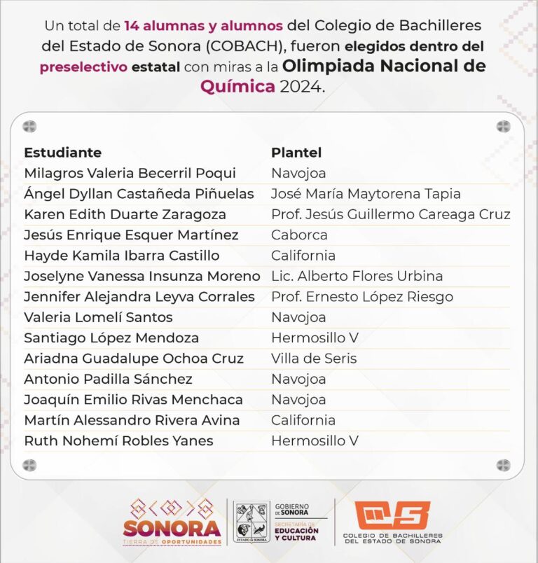 Estudiantes de Cobach Sonora forman parte del preselectivo para la 34 Olimpiada Nacional de Química 2024