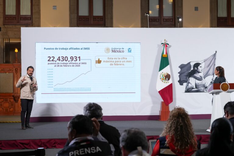 Presidenta Claudia Sheinbaum celebra cifra histórica de 22 millones 430 mil 931 empleos afiliados al IMSS al 28 de febrero