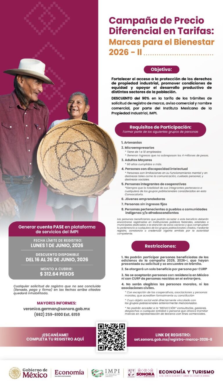 Gobierno de Sonora promueve registro de marcas con tarifas preferenciales para sectores prioritarios
