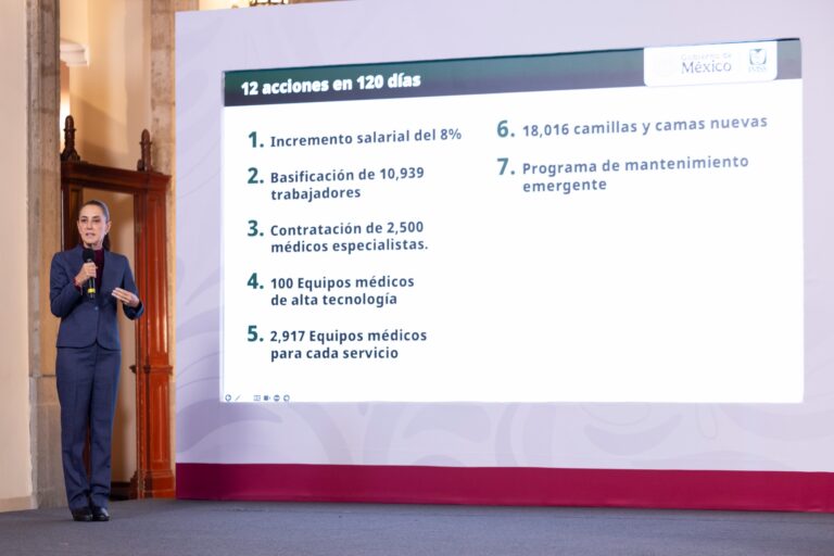 Sheinbaum presenta 12 acciones para fortalecer al IMSS en 120 días; anuncia aumento salarial de 8%